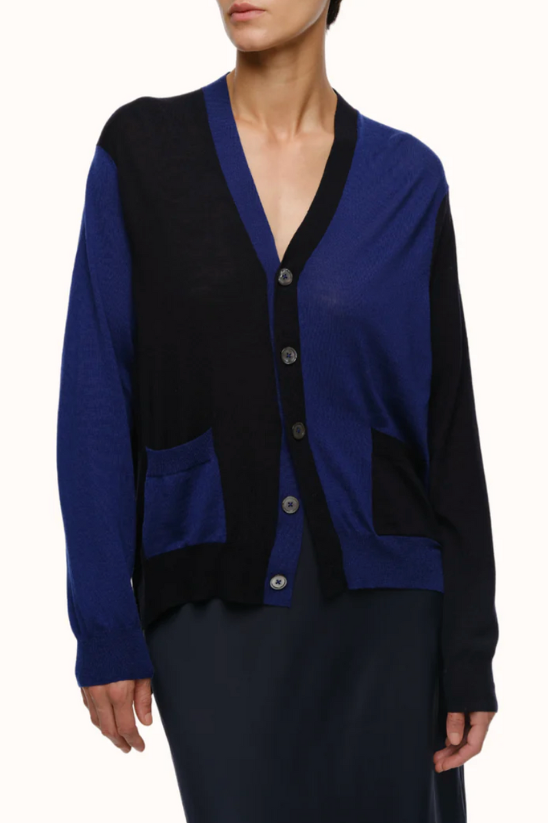 Adrian V Neck Cardigan in Merino - Sapphire