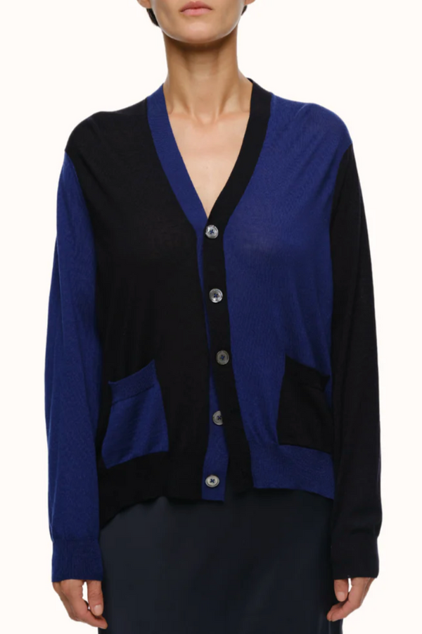 Adrian V Neck Cardigan in Merino - Sapphire