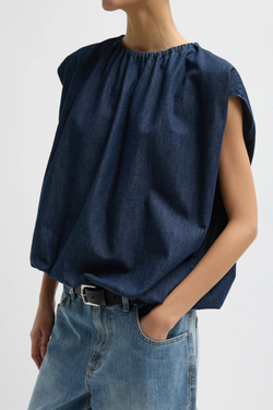 Summer Denim Shirred Neck Circular Top - Indigo