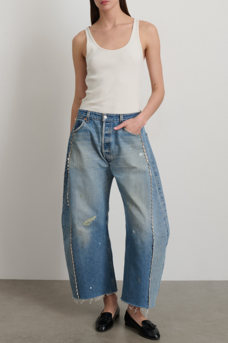 Vintage Lasso Jean Slouch Crop -  Classic Faded Indigo Hand Tatted Lace