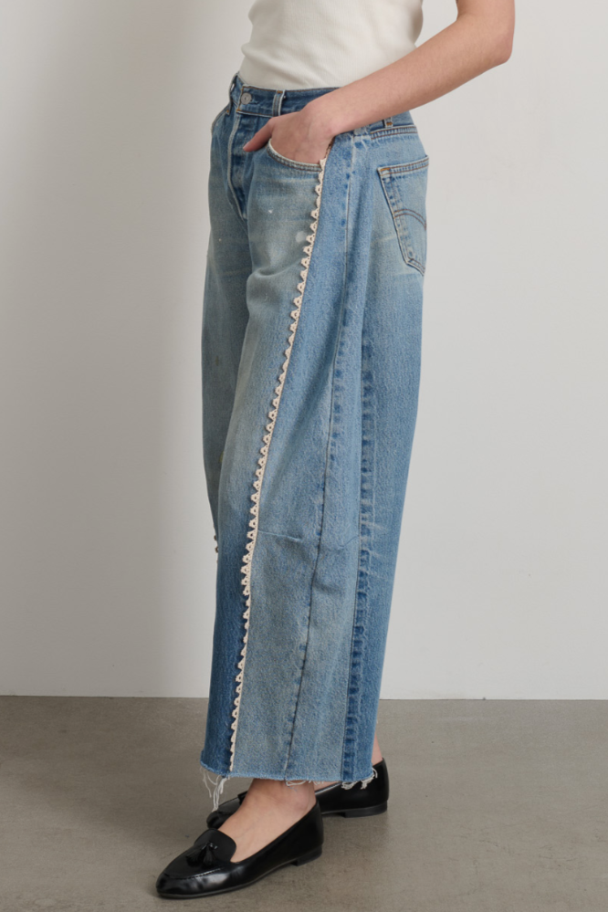 Vintage Lasso Jean Slouch Crop -  Classic Faded Indigo Hand Tatted Lace