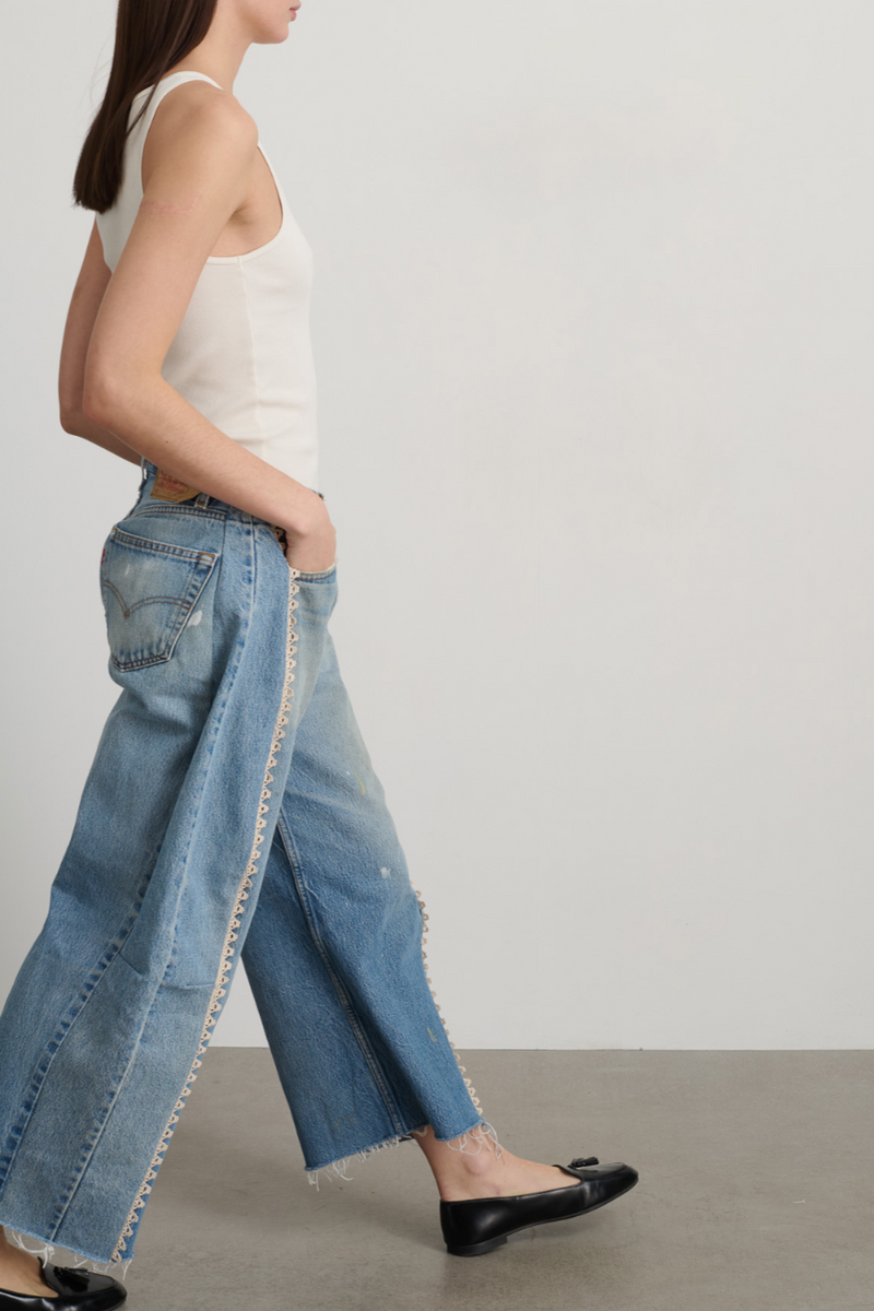 Vintage Lasso Jean Slouch Crop -  Classic Faded Indigo Hand Tatted Lace