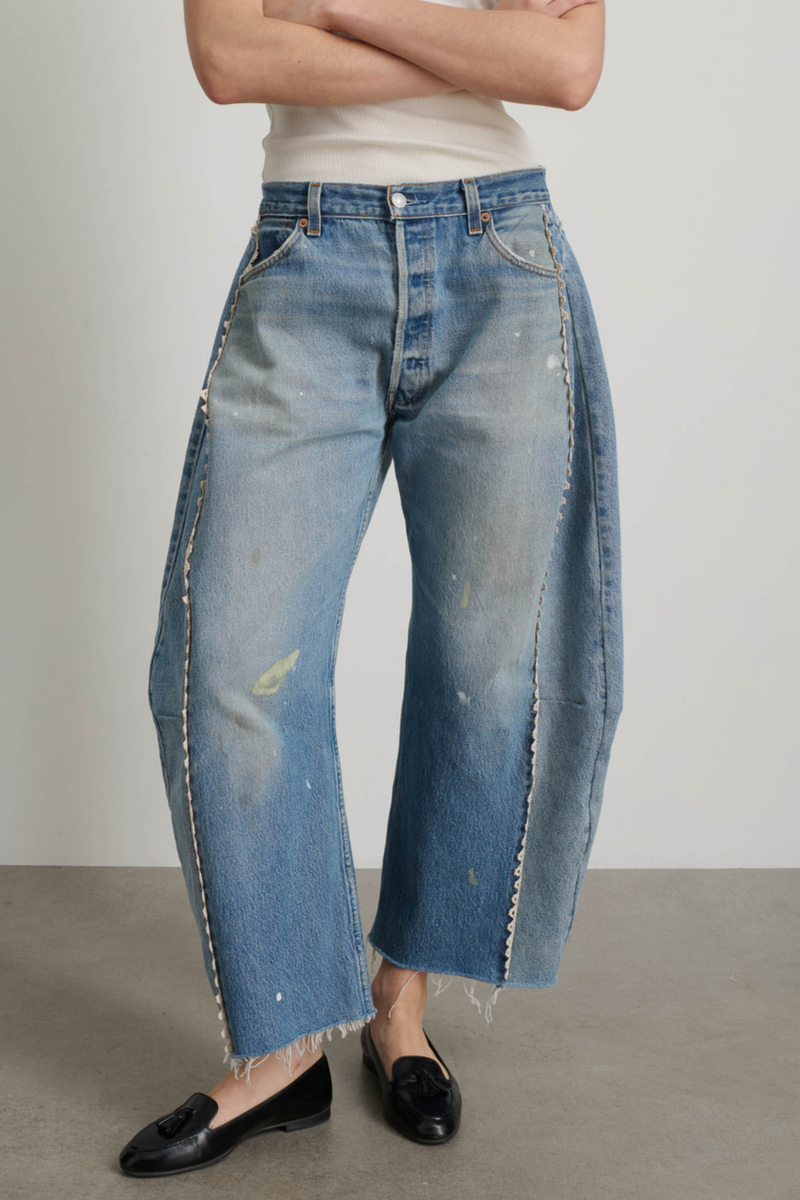 Vintage Lasso Jean Slouch Crop -  Classic Faded Indigo Hand Tatted Lace
