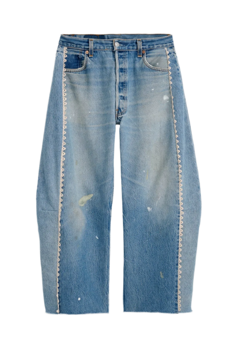 Vintage Lasso Jean Slouch Crop -  Classic Faded Indigo Hand Tatted Lace