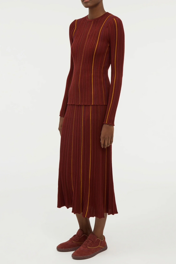 Celeano Pinstripe Knit Midi Skirt in Merino Wool - Burnt Sienna