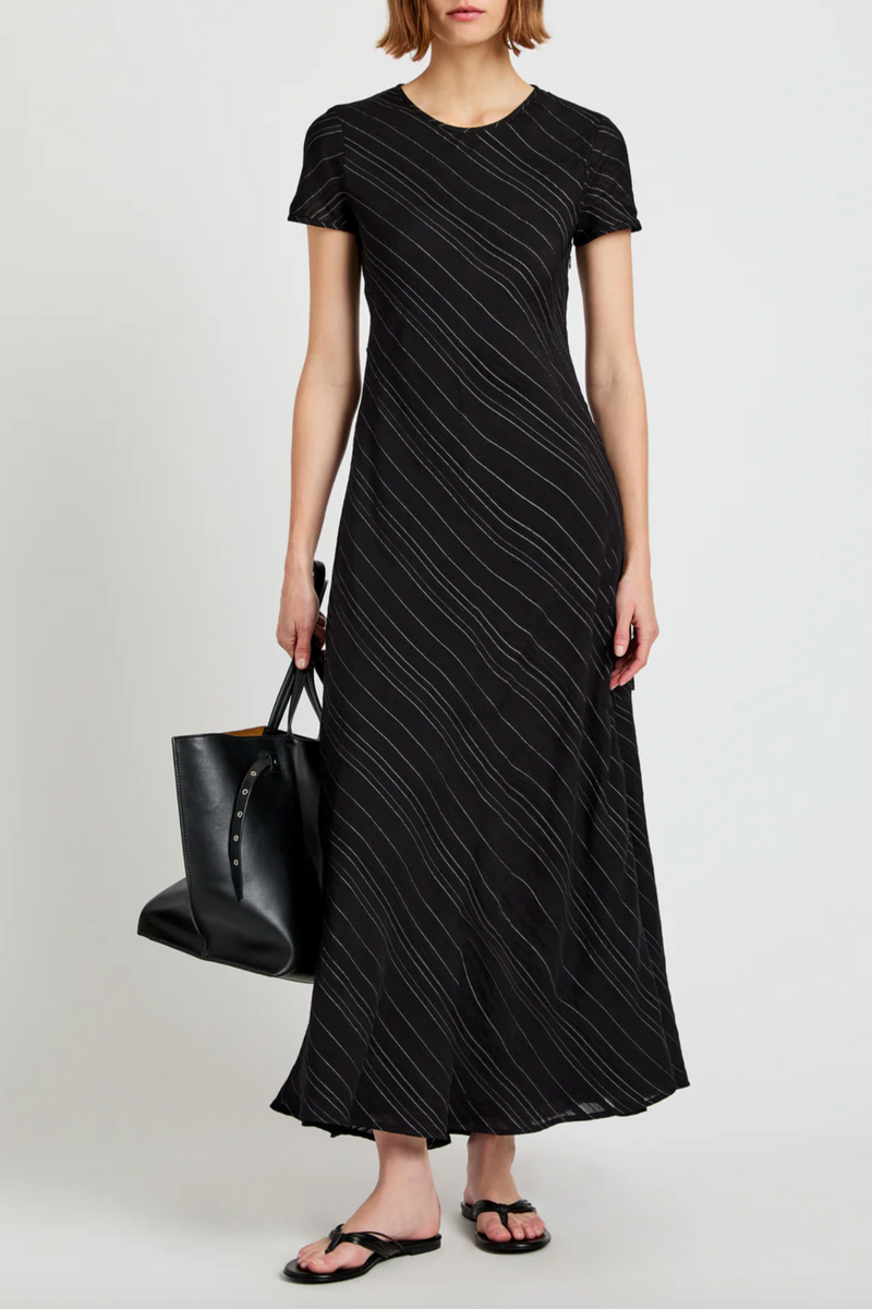 Joss Dress in Woven Stripe Flou - Black/Chalk