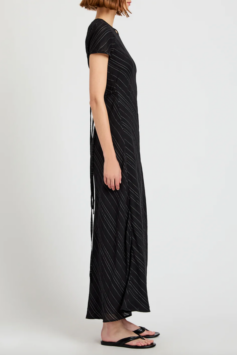 Joss Dress in Woven Stripe Flou - Black/Chalk
