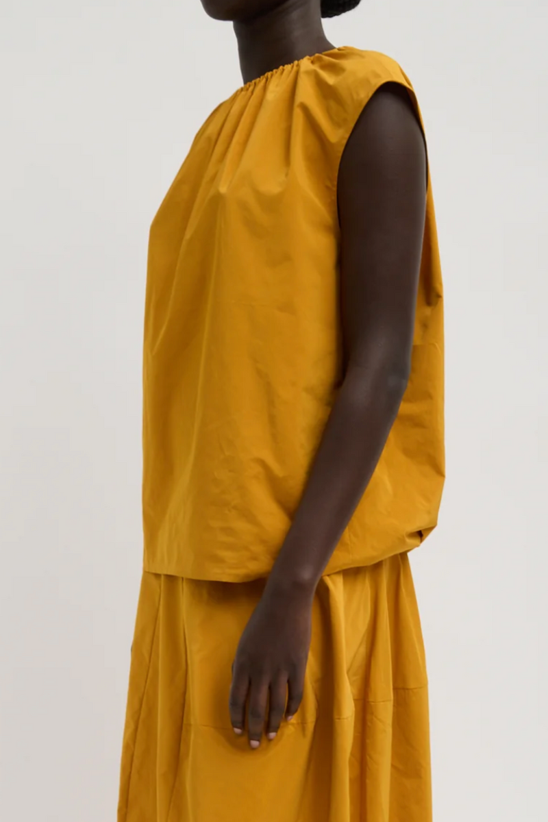 Nylon Shirred Neck Top - Bright Ochre