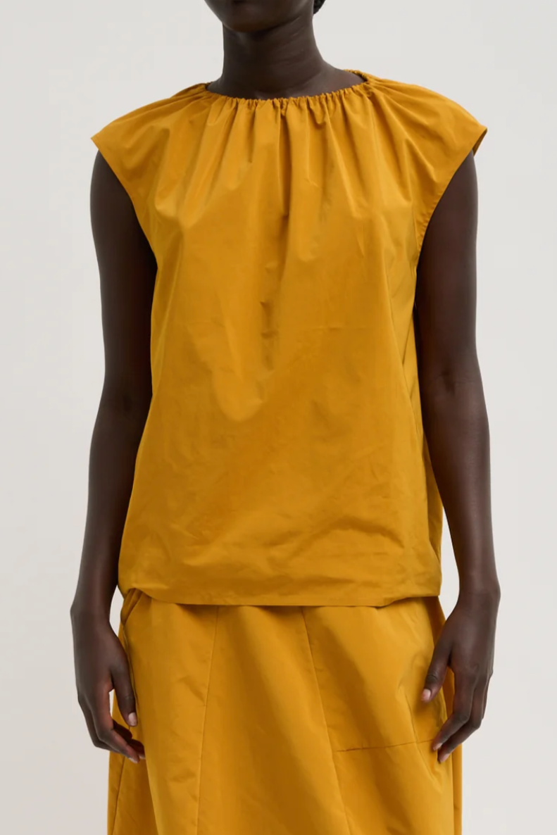 Nylon Shirred Neck Top - Bright Ochre