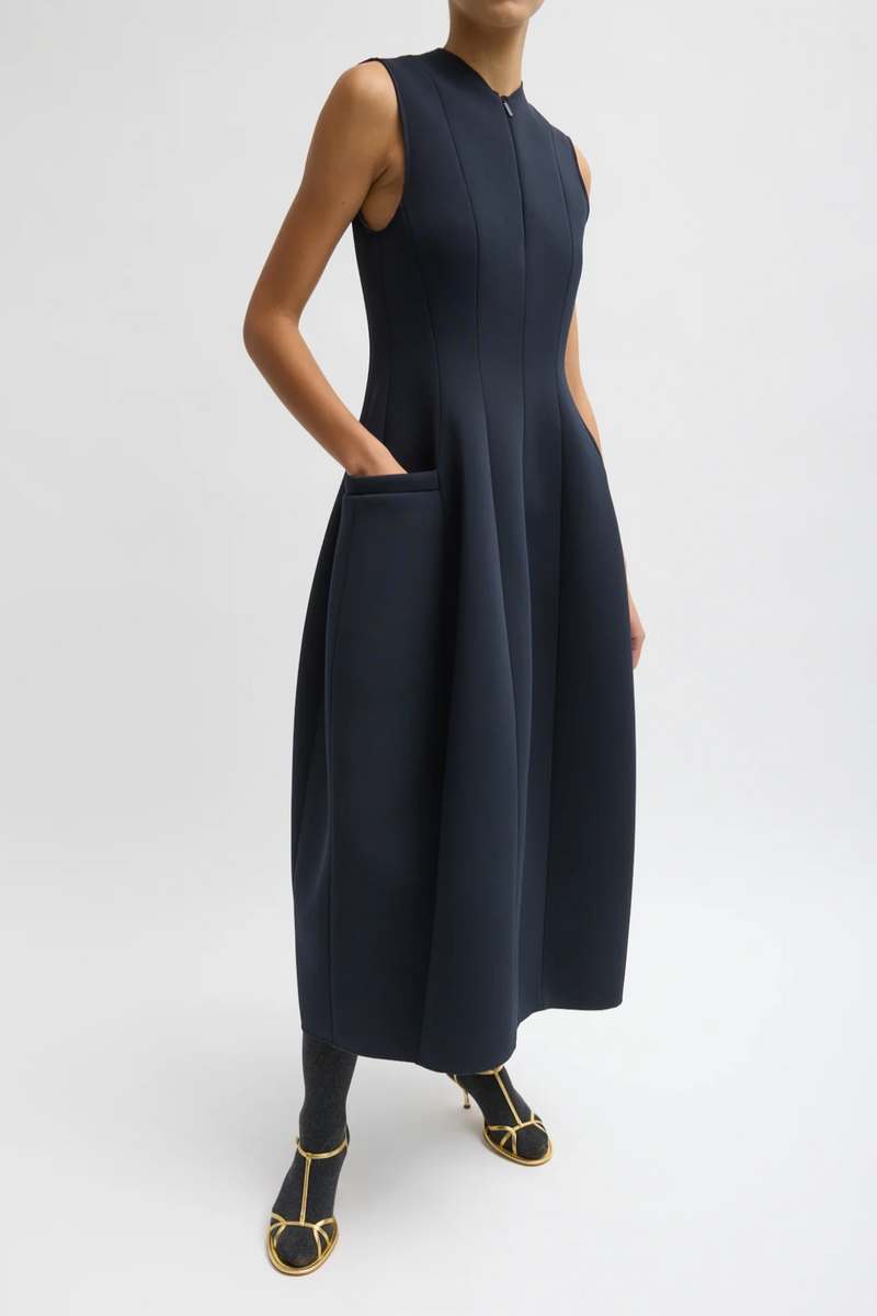 Bonded Twill Sleeveless Sculpt Dress - Navy Multi