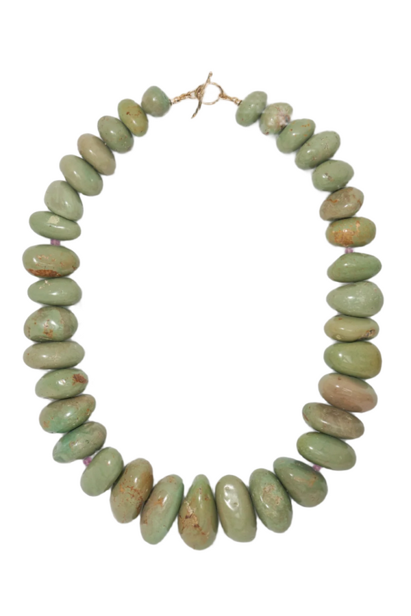 Large Light Green Turquoise, Pink Sapphire & 14k Gold Necklace