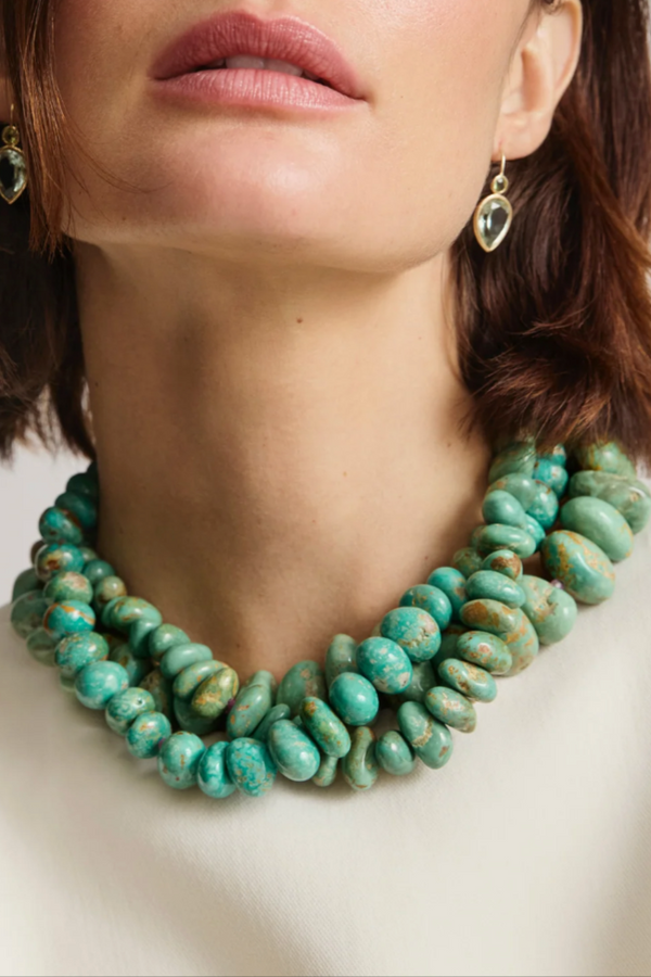 Large Light Green Turquoise, Pink Sapphire & 14k Gold Necklace