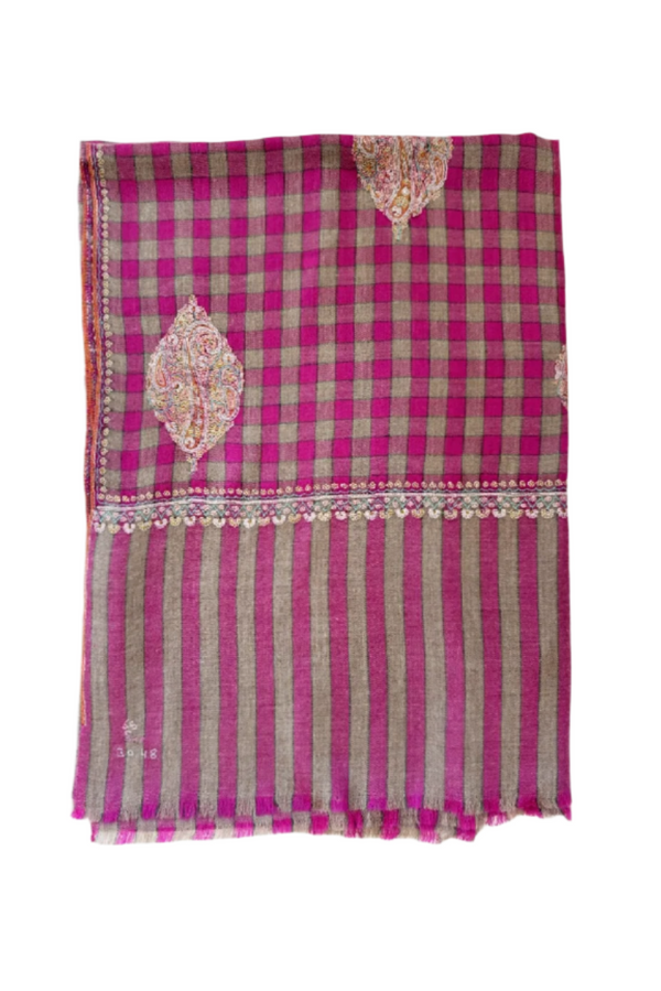 All Over Embroidered Cashmere Scarf - Fuchsia Check
