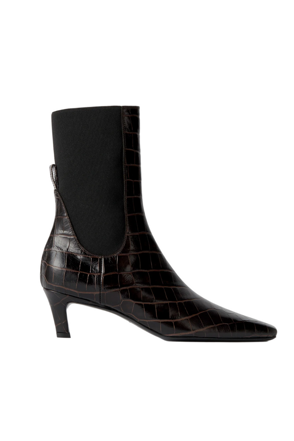 Croco-Embossed Mid-Heel Boots - Dark Brown
