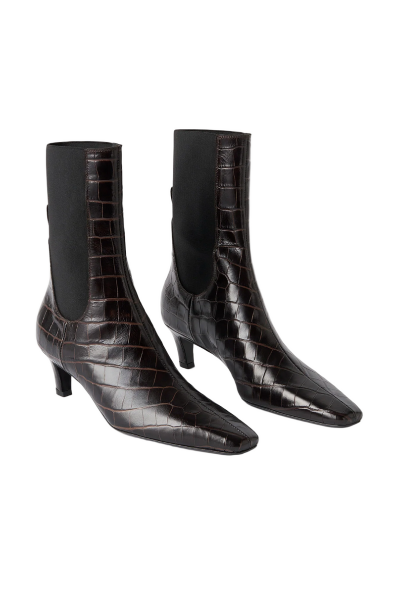 Croco-Embossed Mid-Heel Boots - Dark Brown