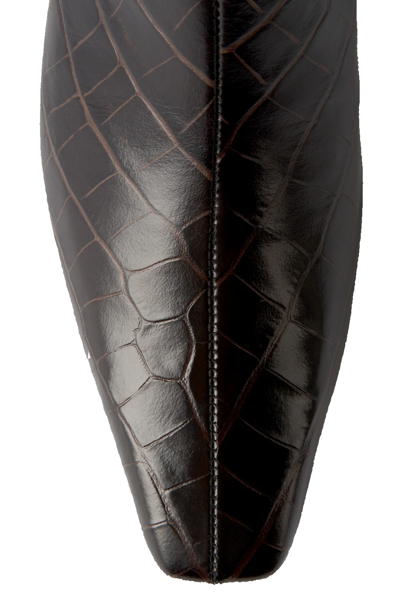 Croco-Embossed Mid-Heel Boots - Dark Brown