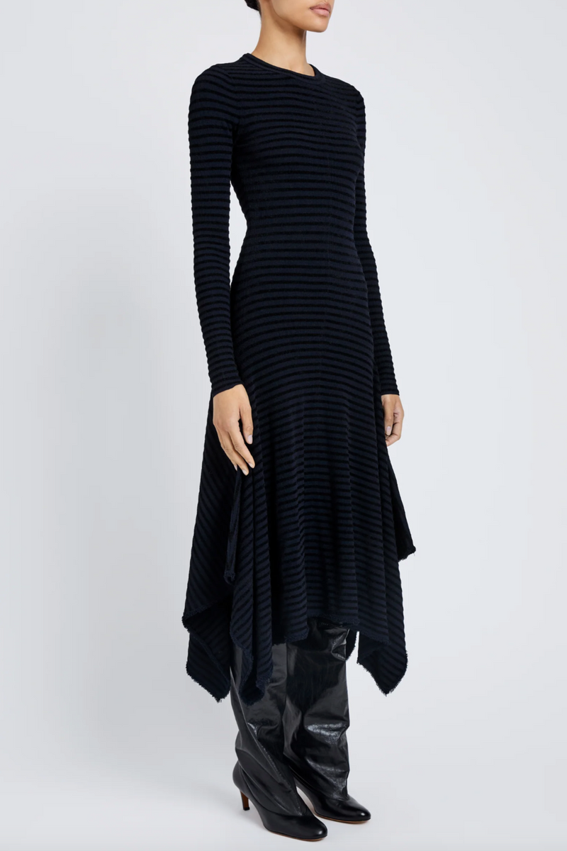 Didi Dress in Matte Viscose Velvet Stripe - Navy/Black