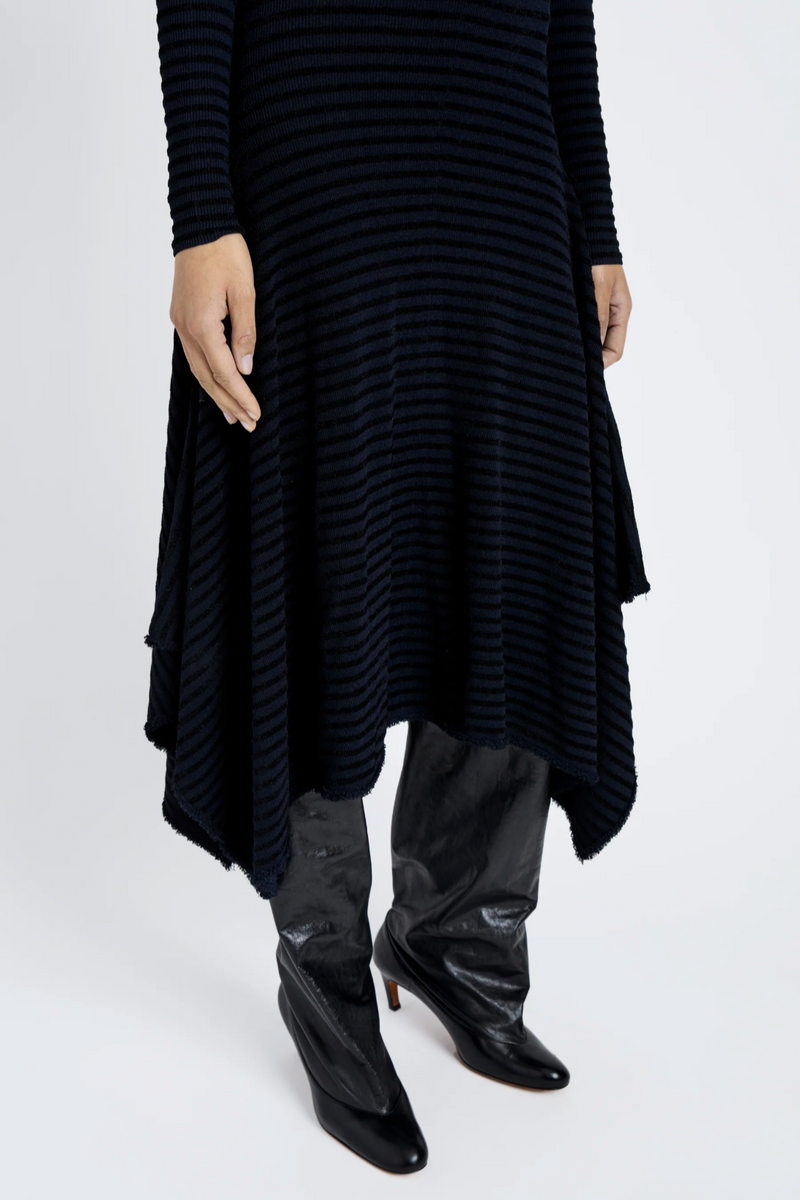 Didi Dress in Matte Viscose Velvet Stripe - Navy/Black