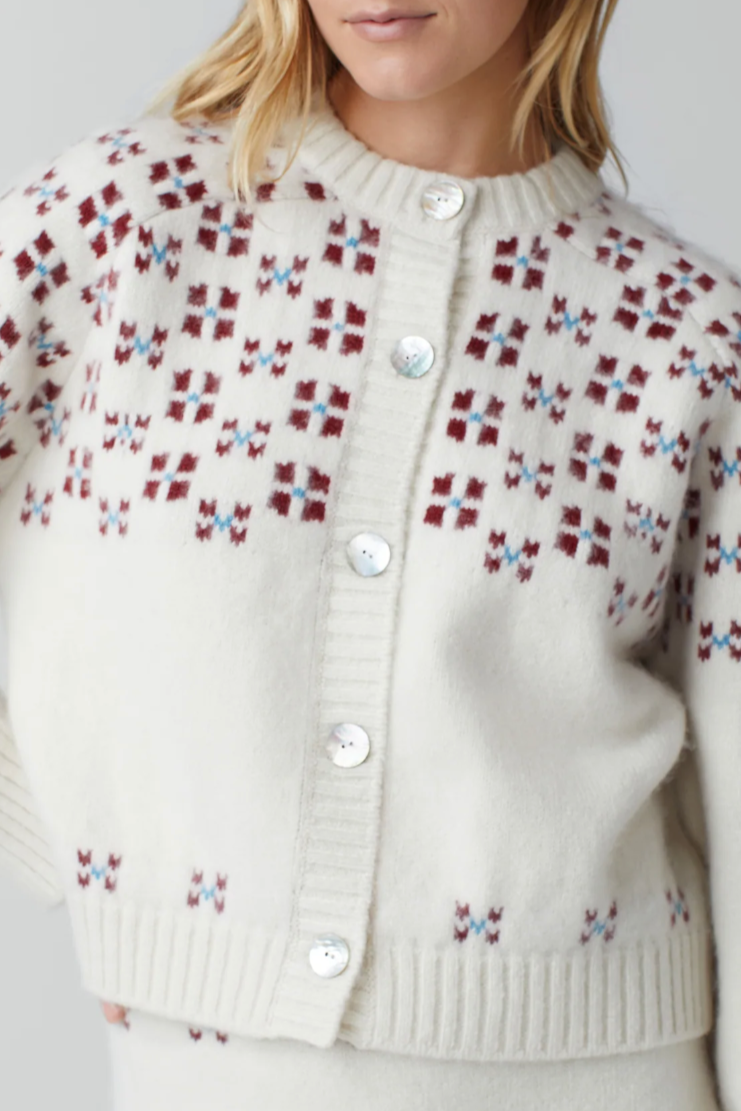 Winter Fair Isle Cardigan - Natural/Oxblood