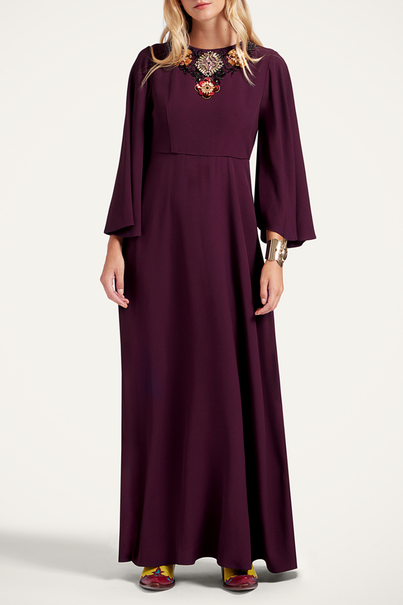 Embroidered Long Sorella Dress - Burgundy