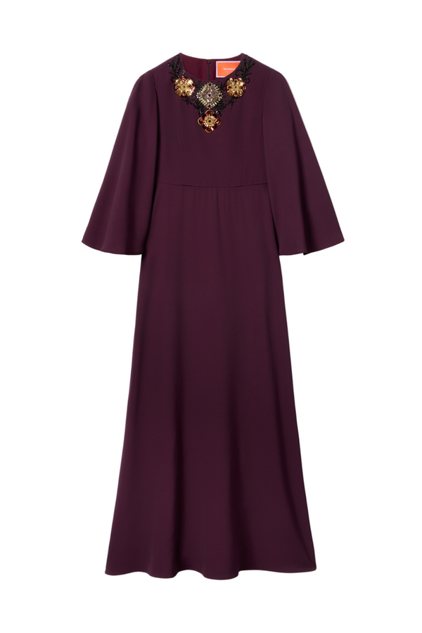 Embroidered Long Sorella Dress - Burgundy