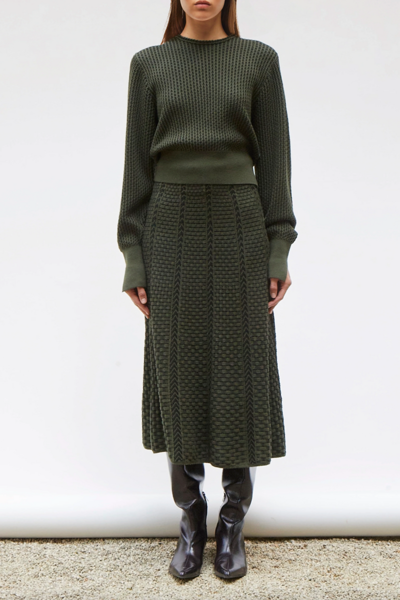 Basketweave Knit Skirt - Khaki/Deep Black