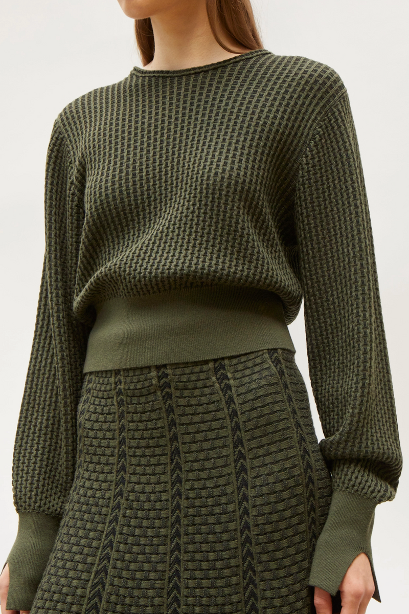 Basketweave Knit Sweater - Khaki/Deep Black