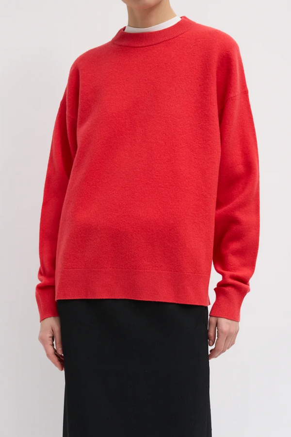 Boiled Wool Crewneck Easy Pullover - Red