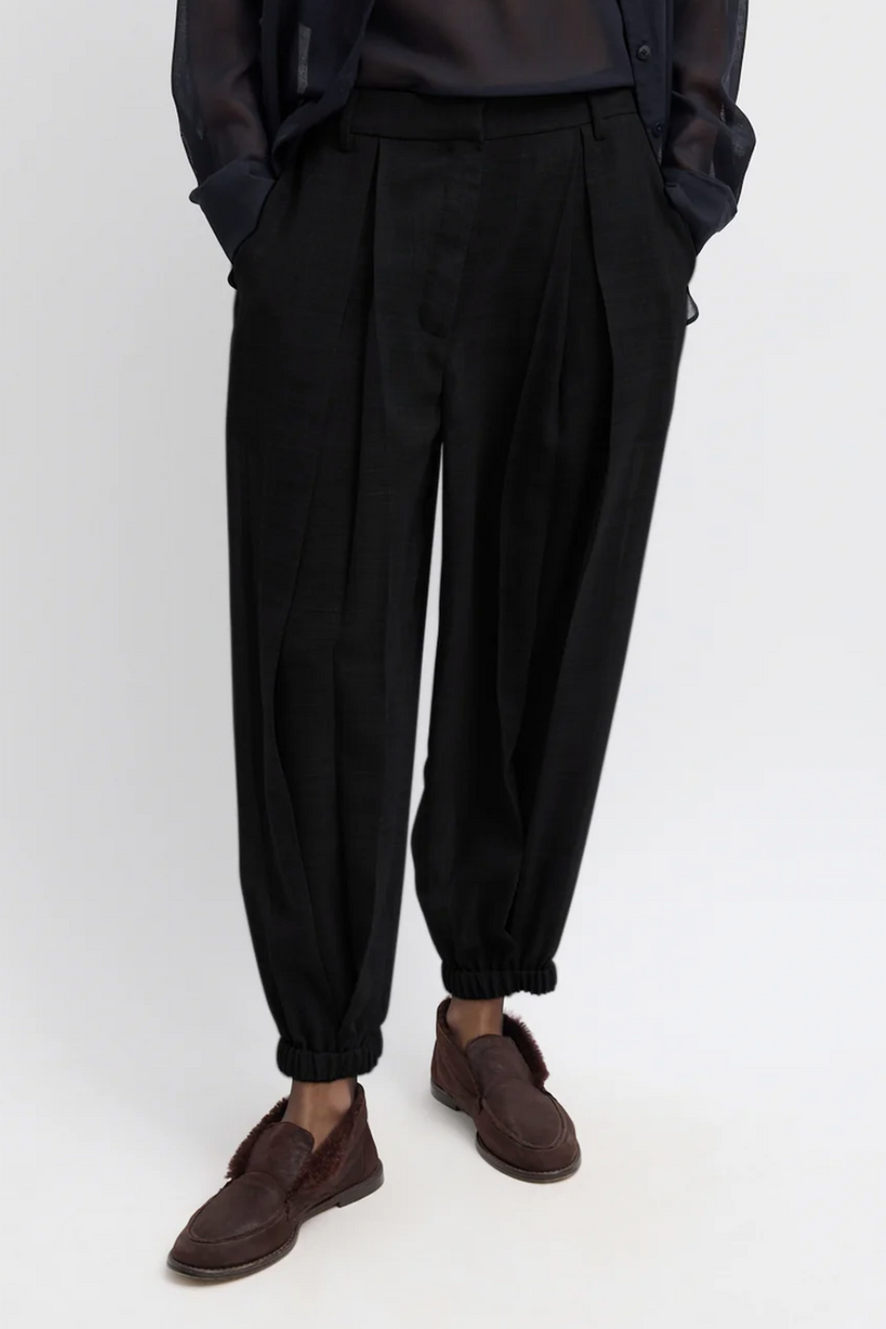 Sheer Wool Gauze Pleated Long Balloon Pant - Black