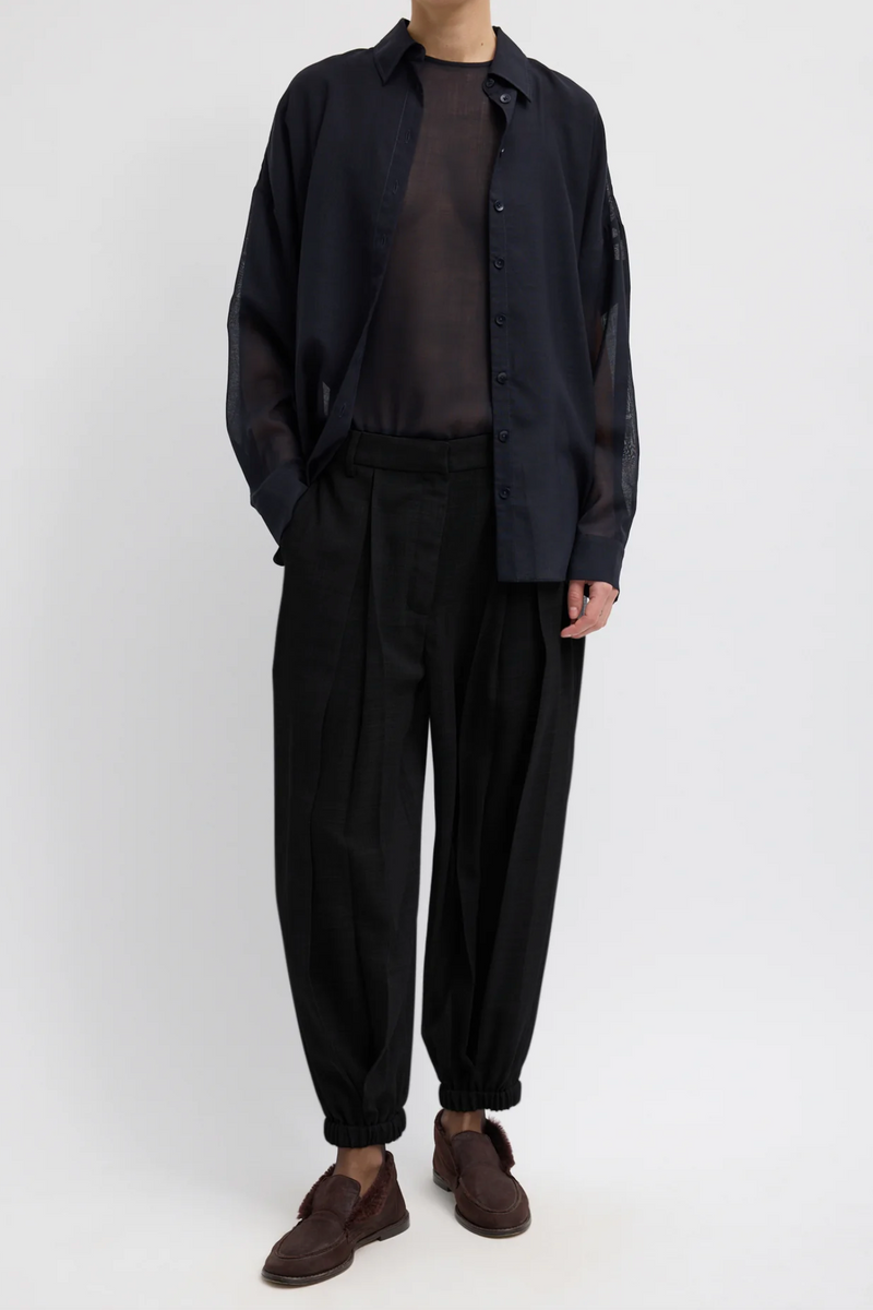 Sheer Wool Gauze Pleated Long Balloon Pant - Black