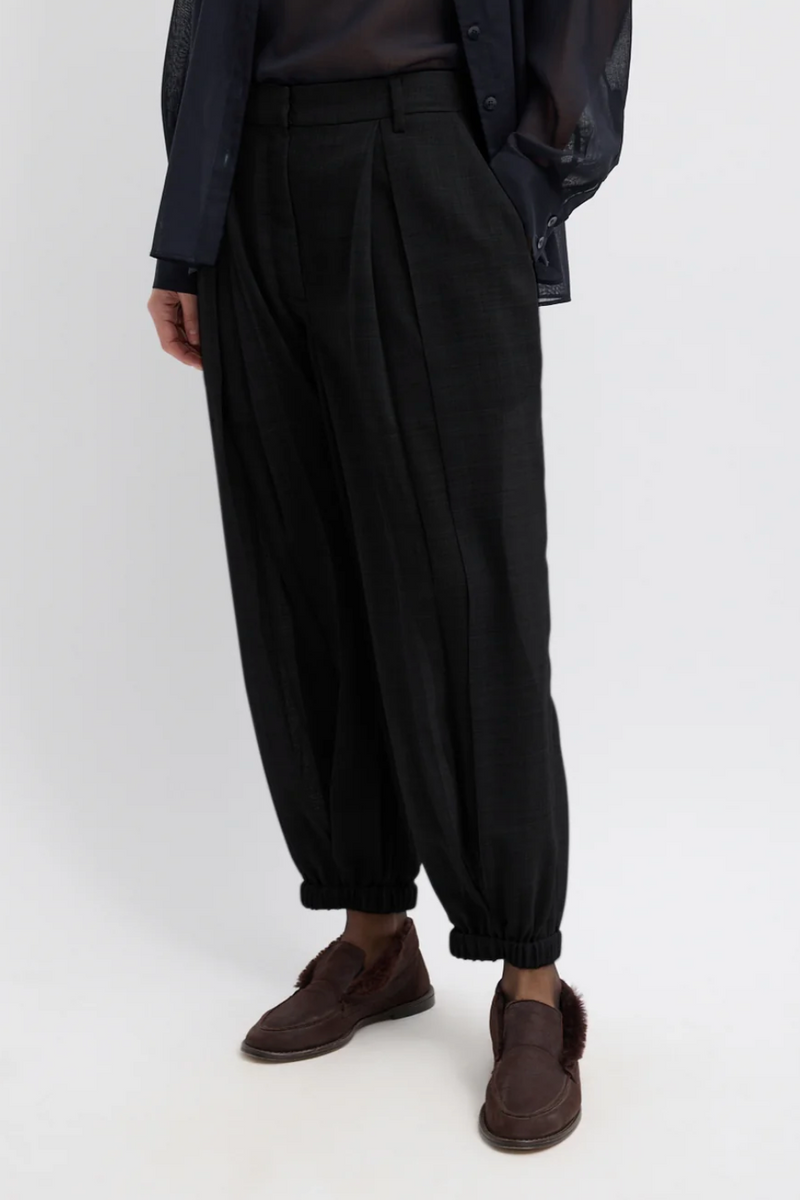 Sheer Wool Gauze Pleated Long Balloon Pant - Black