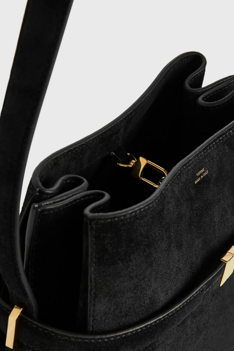Belted Suede Bucket Bag - Black