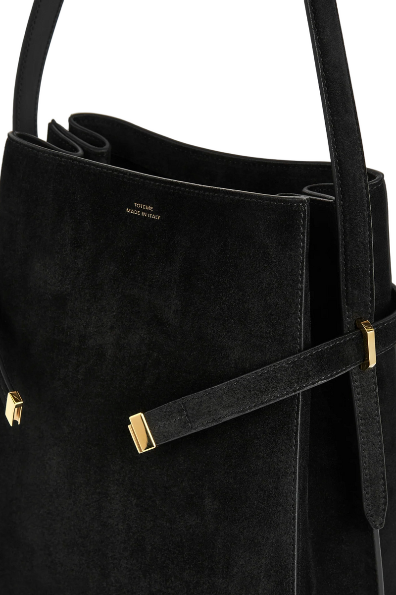 Belted Suede Bucket Bag - Black