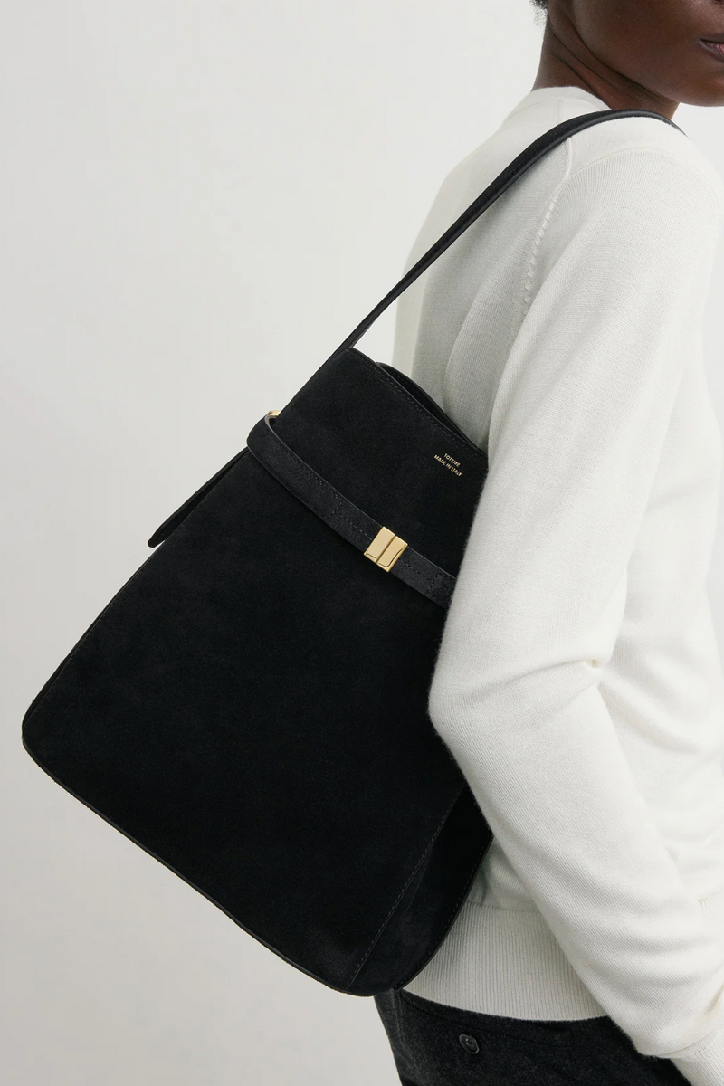 Belted Suede Bucket Bag - Black
