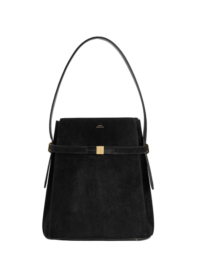 Belted Suede Bucket Bag - Black