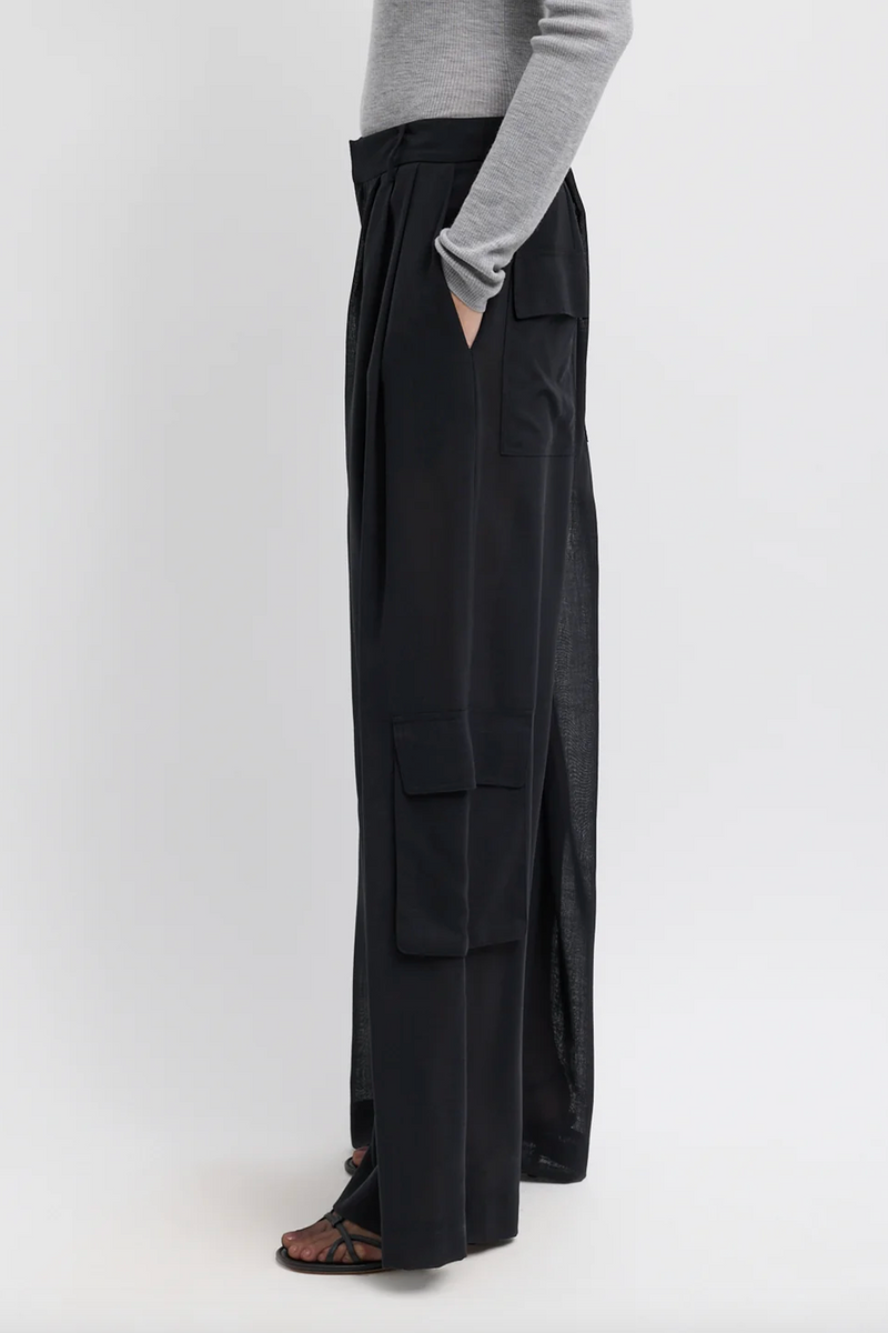 Sheer Wool Gauze Triple Pleat Pant - Black