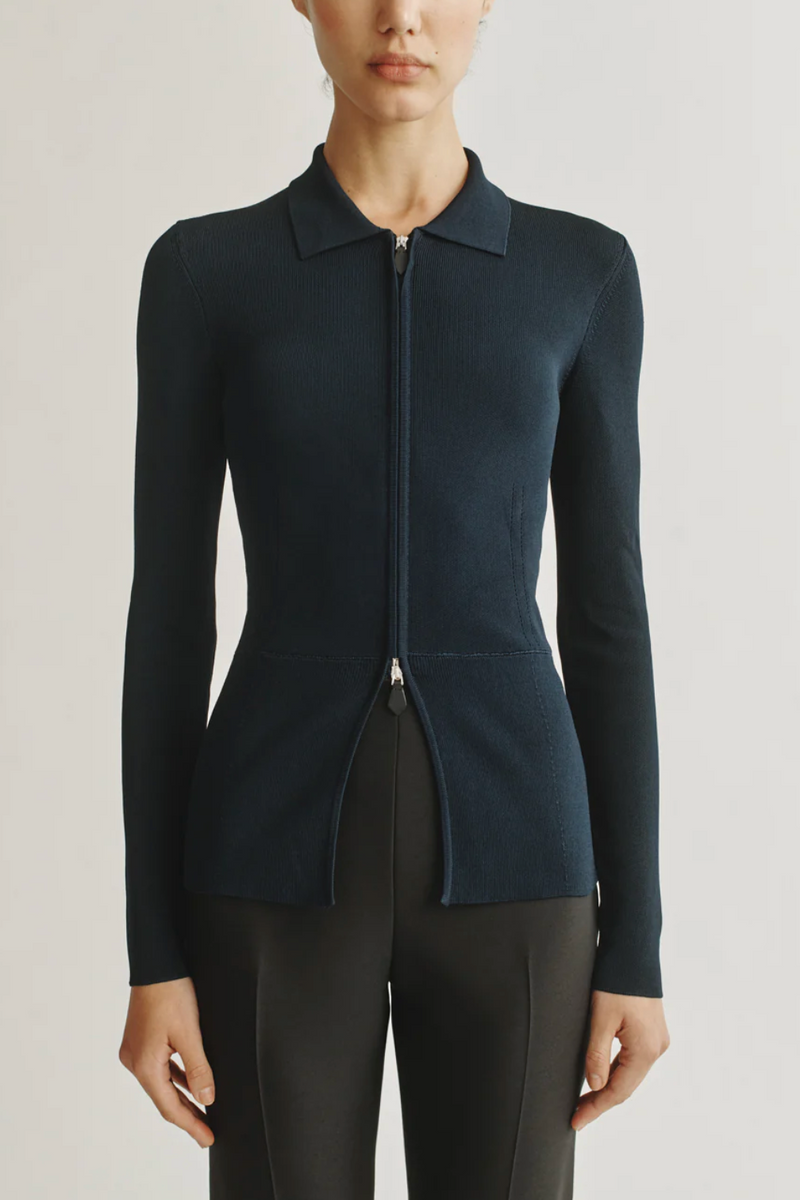 Zip-Up Polo in Viscose - Navy