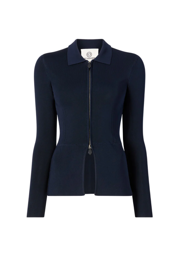 Zip-Up Polo in Viscose - Navy