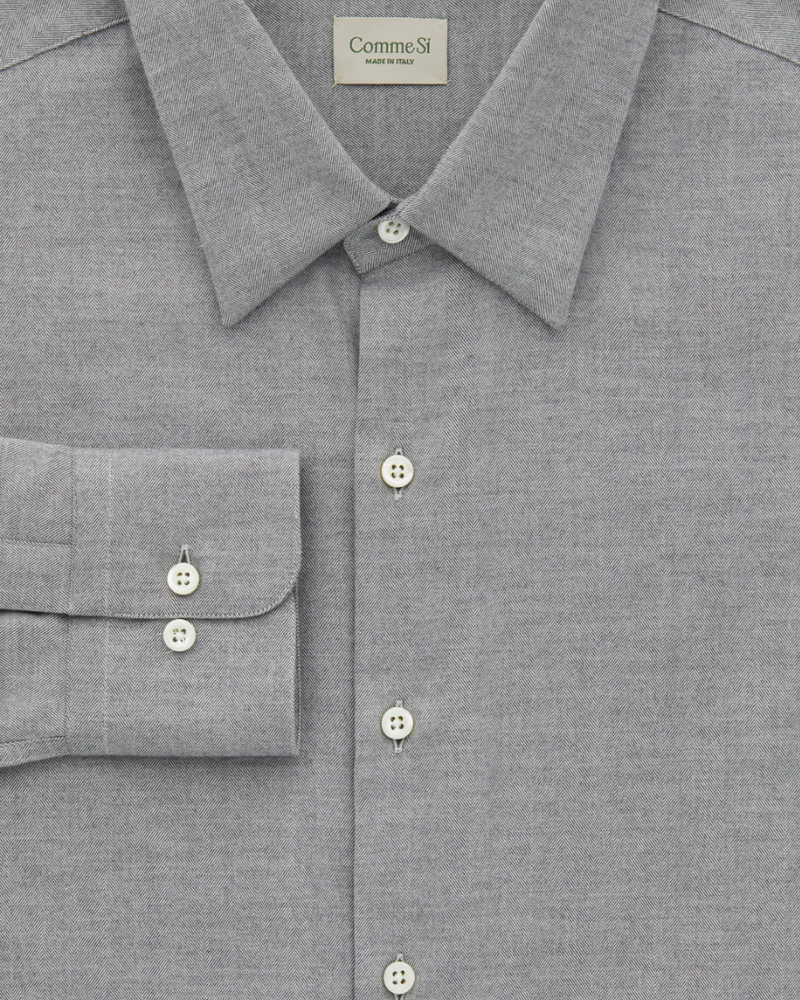 La Shirt Classica in Cotton Flannel - Light Grey Herringbone