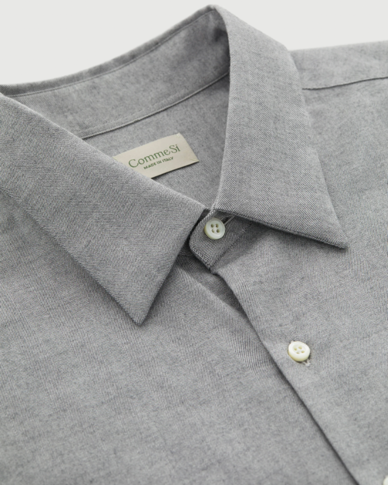 La Shirt Classica in Cotton Flannel - Light Grey Herringbone