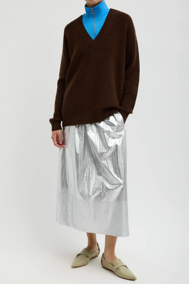 Metallic Nylon Pull On Full Skirt - Silver