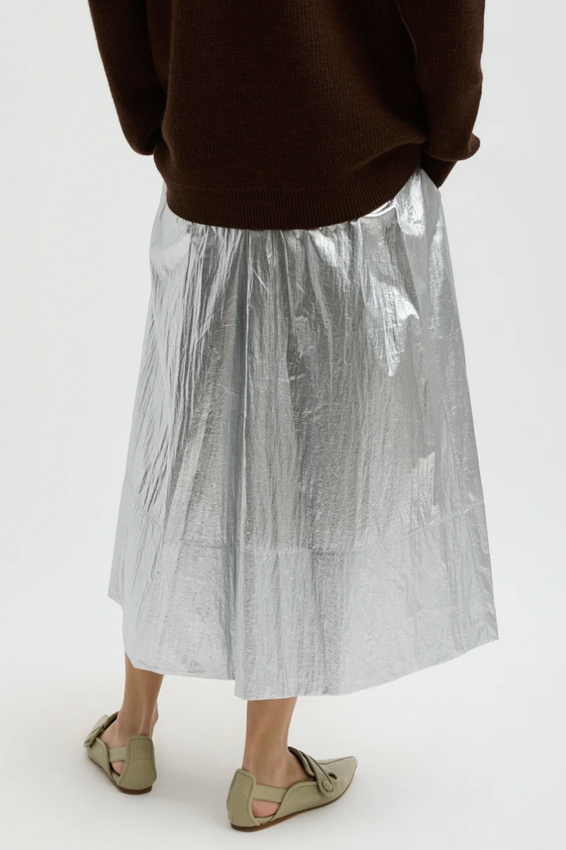 Metallic Nylon Pull On Full Skirt - Silver