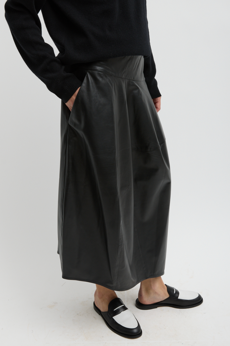 Leather Asymmetrical Balloon Skirt - Black