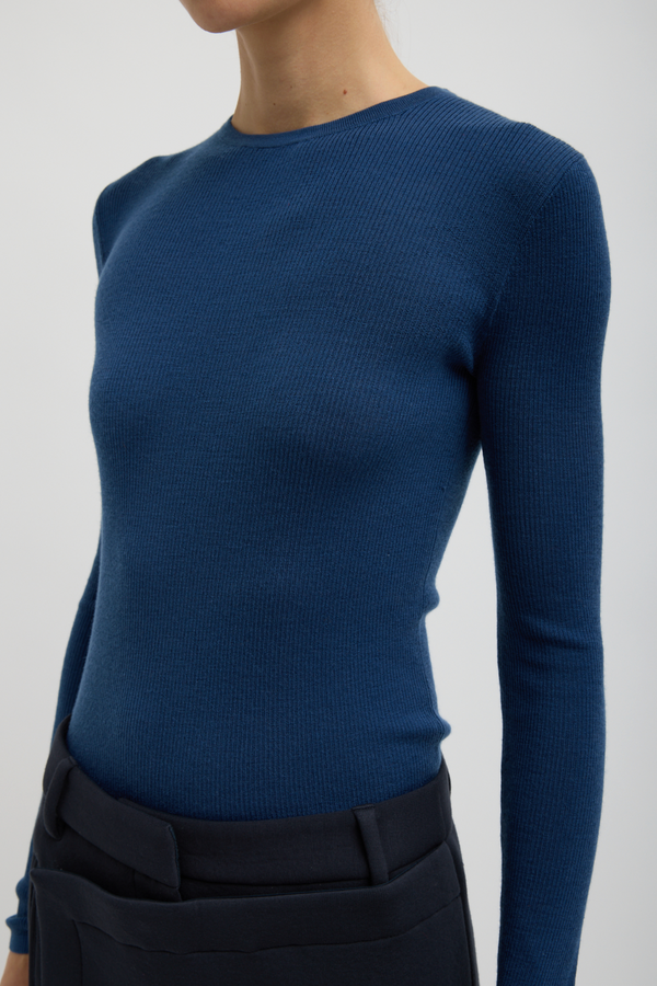 Featherweight Ribbed Sweater Crewneck Pullover - Seal Blue