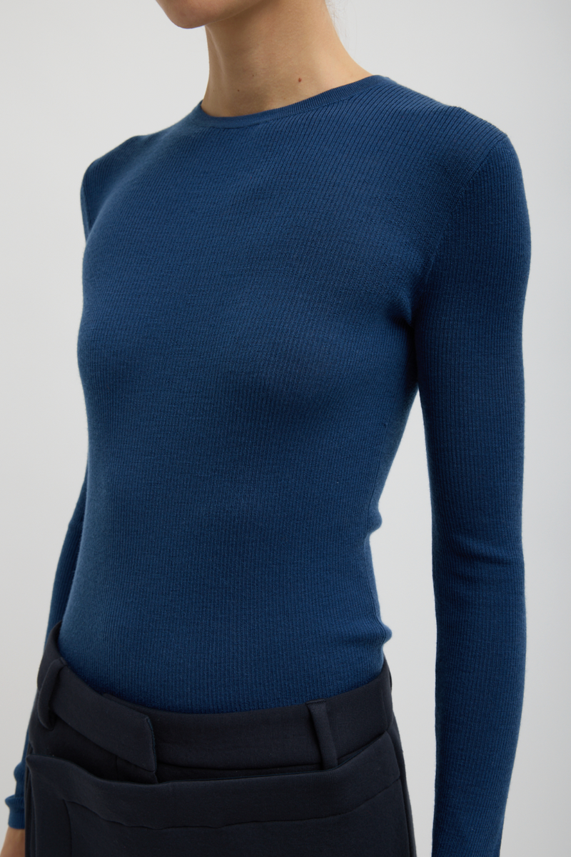 Featherweight Ribbed Sweater Crewneck Pullover - Seal Blue