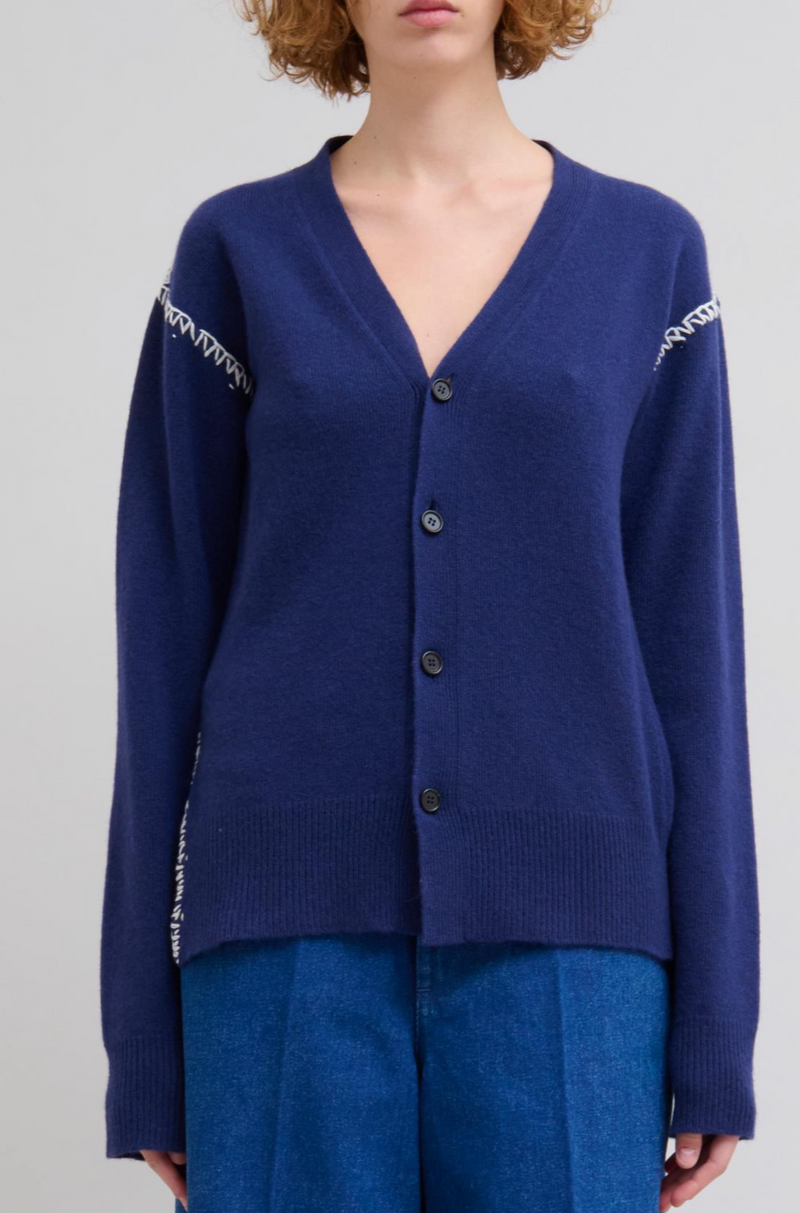 Wool Cashmere V-Neck Cardigan - Blue China