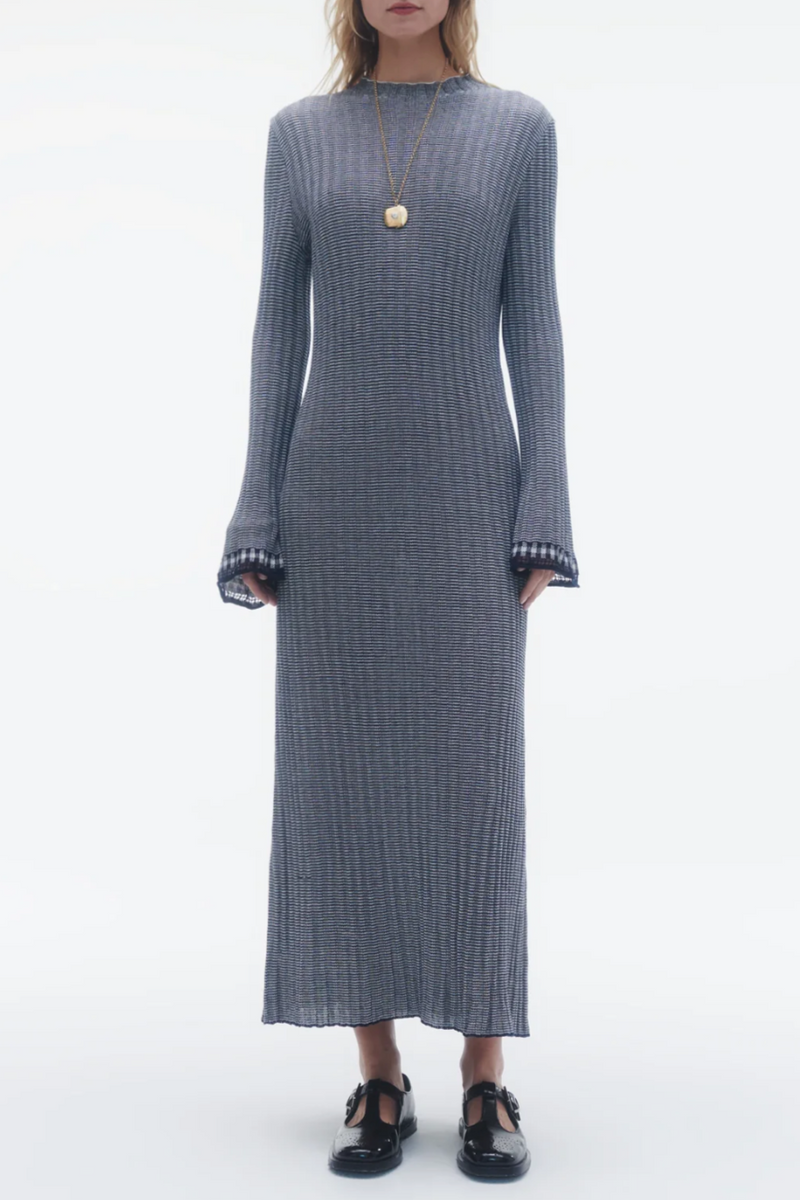 Fine Stripe Mock Neck Dress - Midnight/Cream