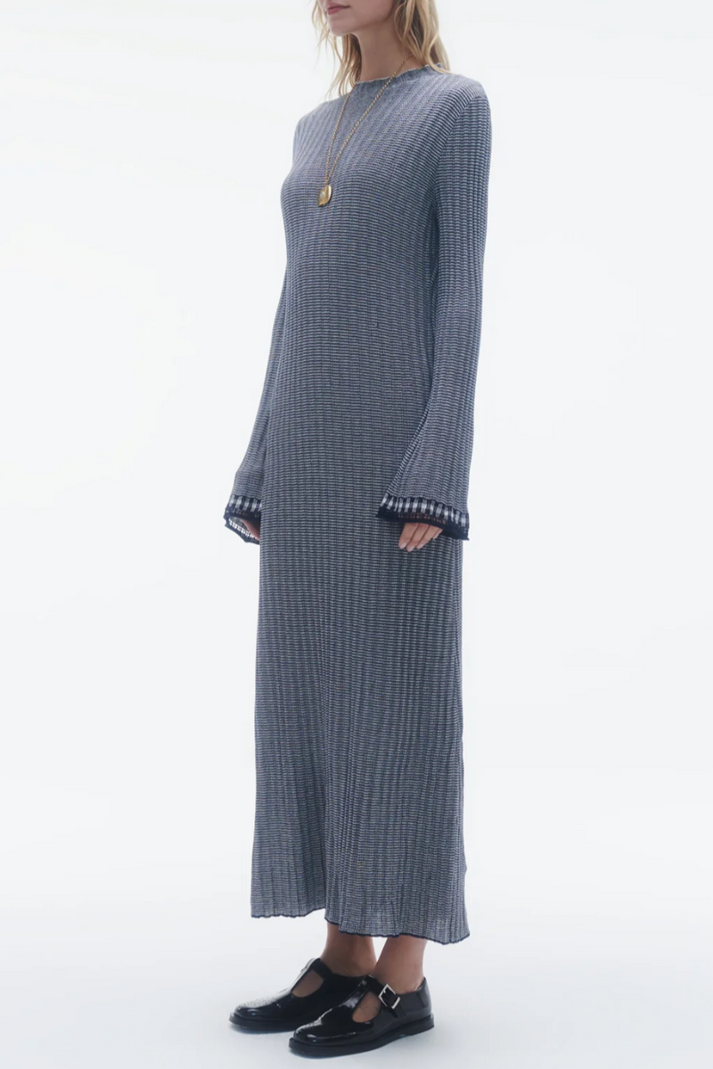 Fine Stripe Mock Neck Dress - Midnight/Cream