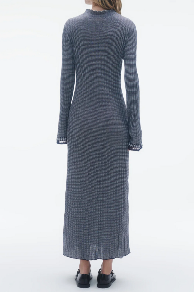 Fine Stripe Mock Neck Dress - Midnight/Cream