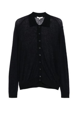 Sheer Sweater Polo Button Cardigan - Dark Navy